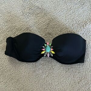 Strapless black bikini top with colorful rhinestone